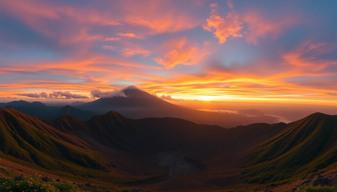 Stunning view of Mount Rinjani's volcanic summit with lush greenery, capturing its natural beauty and towering presence.