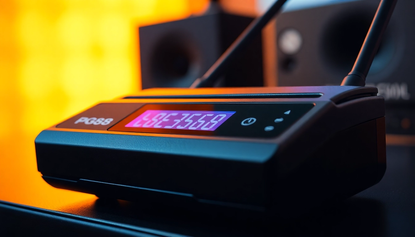 The PG88 wireless microphone receiver showing signal lights and digital display in a professional audio setup, highlighting build quality and technology.