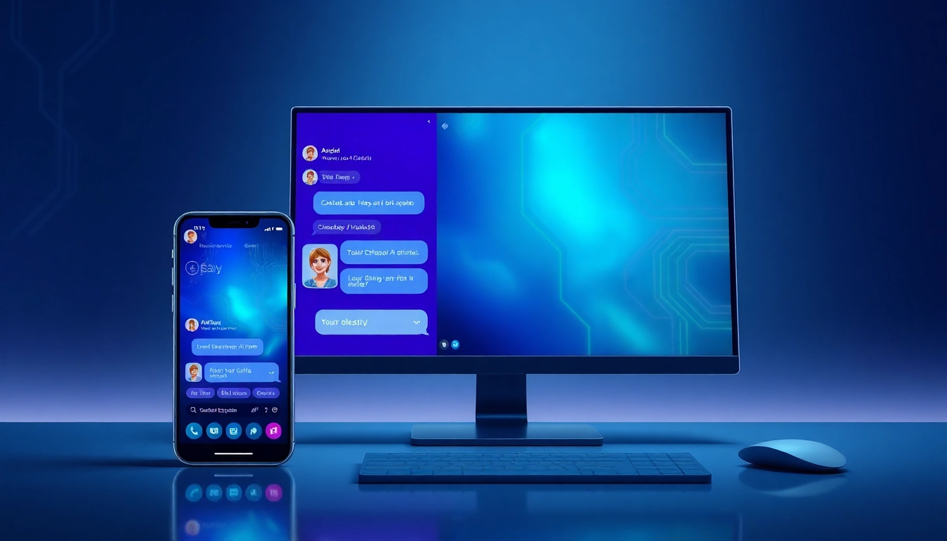 An illustration of a smartphone and desktop displaying a futuristic AI chatbot interface with vibrant chat windows and digital background textures.
