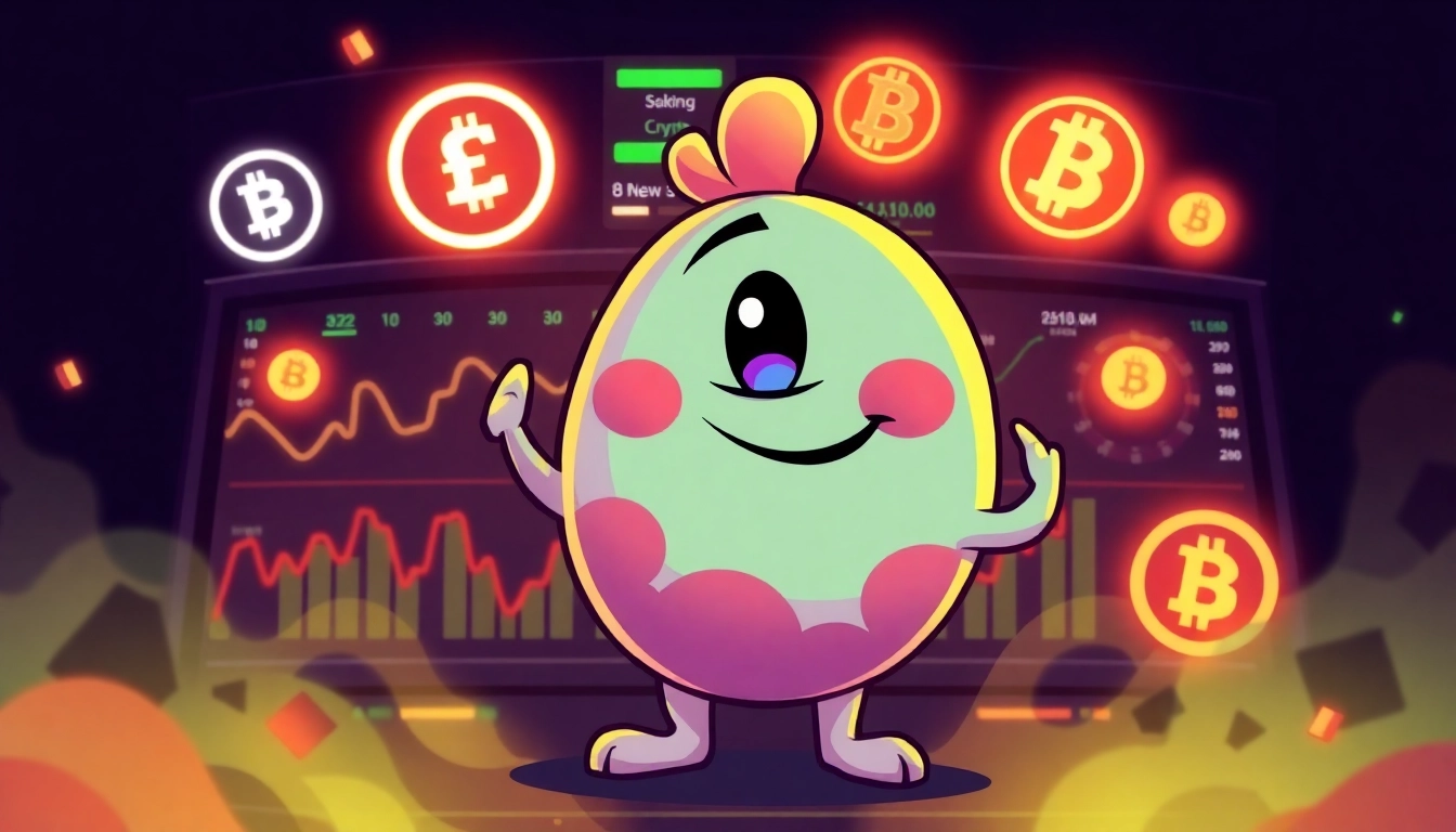 Staking Angry Pepe vibrant cartoon Pepe with crypto rewards in a dynamic digital setting