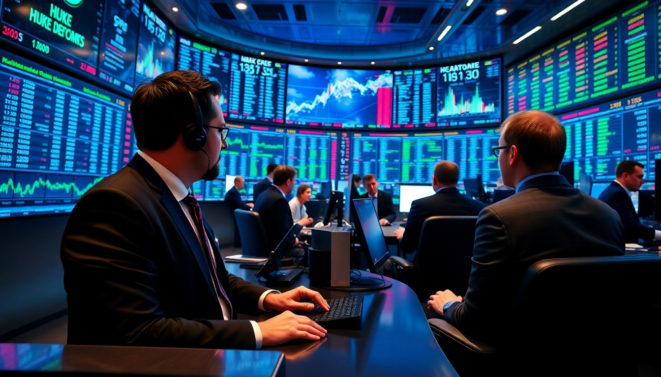 UK Stock Market News updates with financial traders analyzing stock charts in a busy trading room