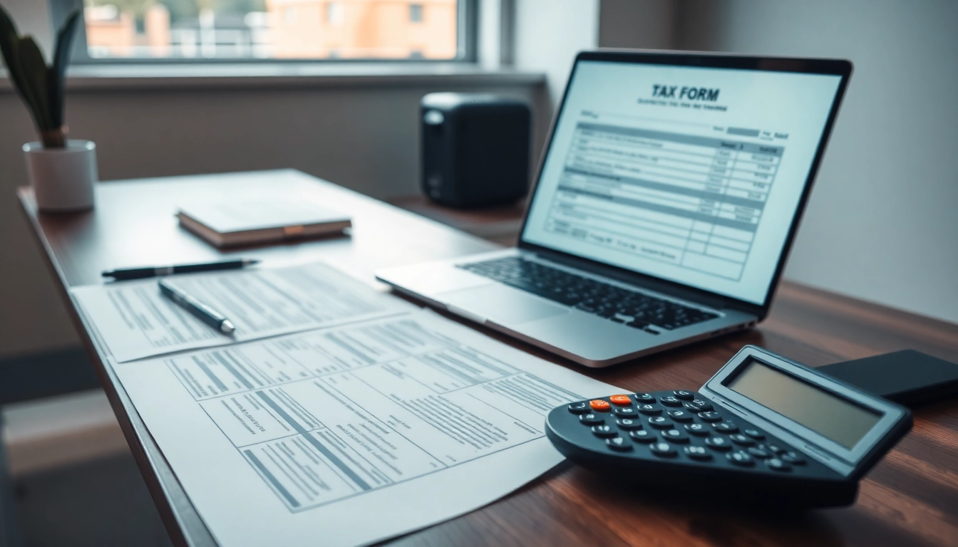 A comprehensive Tax Guide illustration featuring a professional workspace with tax documents