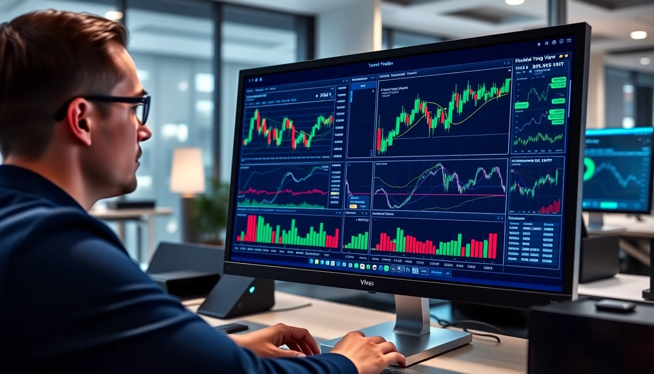 Trading view platform displaying live market charts with candlesticks and technical indicators